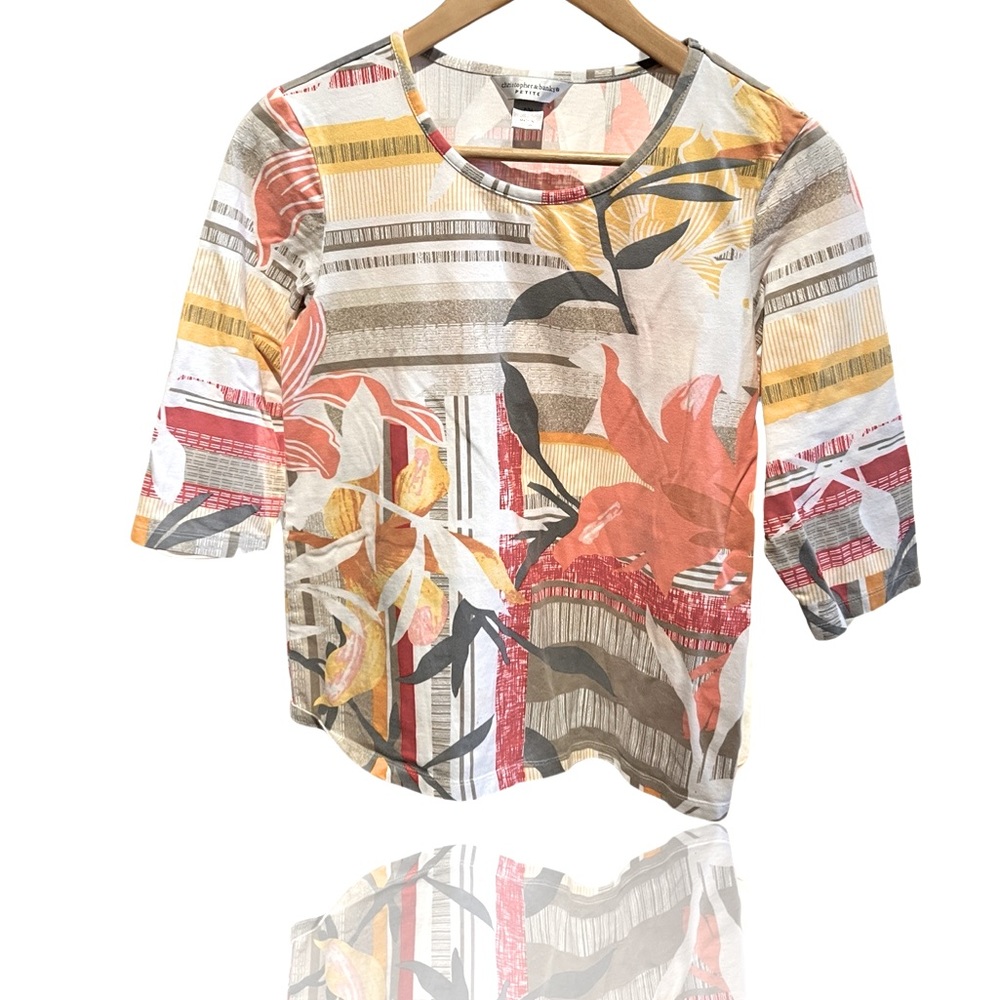 Christopher & Banks Petite Meduim floral pattern 3/4 sleeves cotton/rayon top